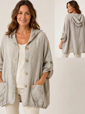 Beige Linen Hooded Button Up Jacket Oversized Lagenlook Coastal Boho Made Italy